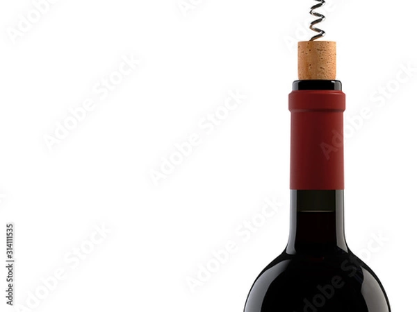 Obraz Uncorked wine bottle with corkscrew on white background, 3d rendering.