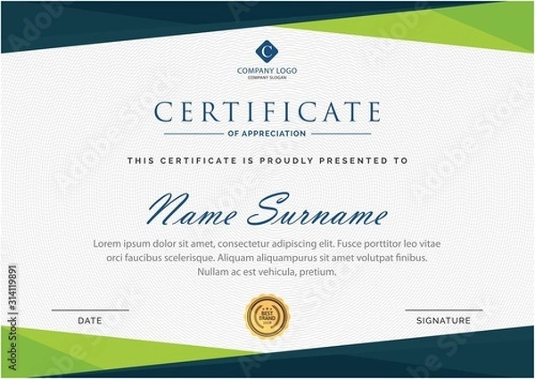 Fototapeta Green and blue Certificate of Appreciation template.Trendy geometric design. Layered eps10 vector.