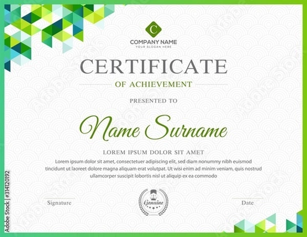 Fototapeta Green Certificate of Appreciation template.Trendy geometric design. Layered eps10 vector.