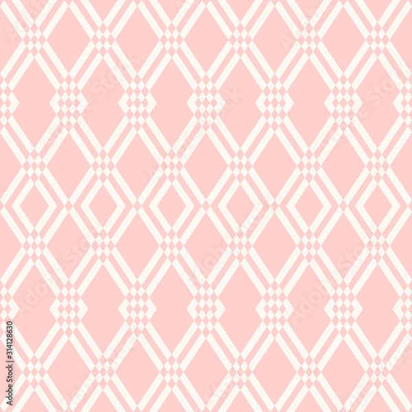 Fototapeta Abstract geometric seamless pattern. Subtle white and pink vector background. Simple ornament with diamond grid, rhombuses, lines, mesh, lattice. Elegant texture. Delicate repeated decorative design
