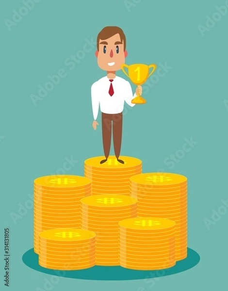 Fototapeta Businessman stands on large stack of coins. Vector illustration