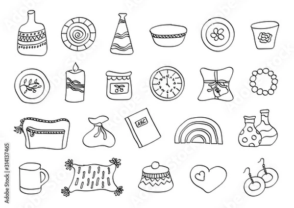 Fototapeta Set of 22 hand drawn arts and crafts icons for logos and hand made design
