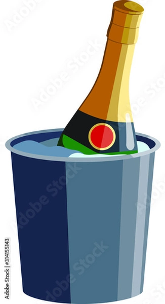 Fototapeta Bottle of sparkling wine (Champagne) cools down in the ice bucket. Isolated vector illustration on white background. Good for cards, presentation, invitations.