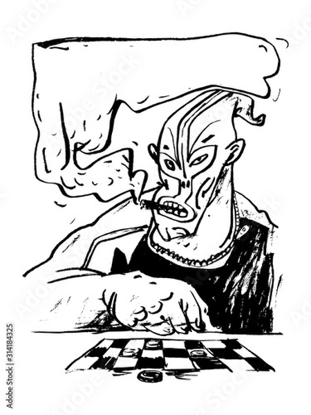 Fototapeta The masked man smokes a cigar and plays checkers. Black and white illustration, perfect for use in publications, packaging design, prints, posters, t-shirts, souvenirs.