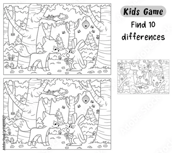 Fototapeta Find 10 differences. Funny cartoon game for kids, with solution. Vector illustration with separate layers.