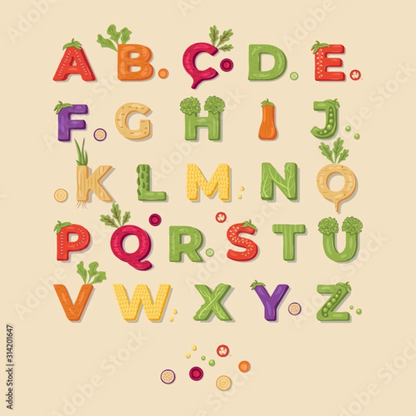 Fototapeta Vegetable lettering alphabet design on a light background. Vector illustration.