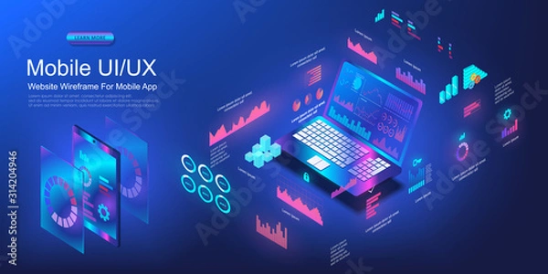 Fototapeta Laptop with business infographic in isometric view. Unique business diagram of financial statistics of business growth. Market of financial schemes and investments