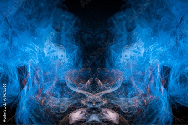 Fototapeta Pattern, Neon pink, blue  and  purple smoke in the  on a dark isolated background. Background from the smoke of vape.