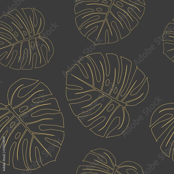 Fototapeta Monstera leaves vector seamless pattern on black background. Collection of tropical leaves, print for logo, clothes,cloth,textile, swimwear, fabric, fashion, paper. Cute and bright summer background.