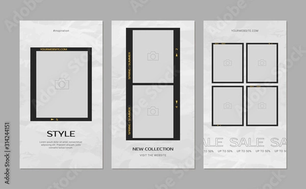 Fototapeta Set of vertical banners in retro style. Editable design. Banners with black frames and crumpled paper texture background.