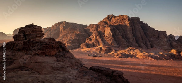 Fototapeta Beduin camp at sunrise in Wadi Rum desert, Jordan