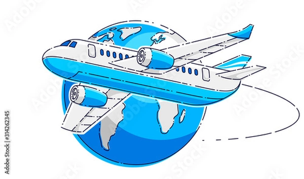 Fototapeta Plane airliner with earth planet, airlines air travel emblem or illustration. Beautiful thin line vector isolated over white background.
