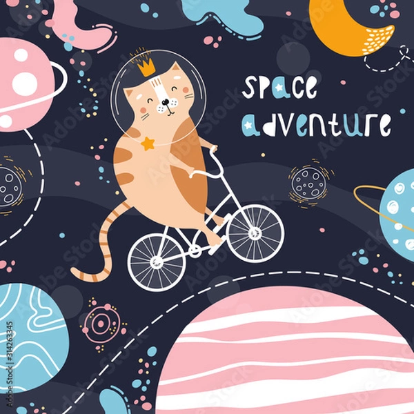 Fototapeta Cute red cat on a bicycle in space. Space adventure. Vector children's illustration. Stars, planets, the Milky Way, the month. Poster, postcard, clothing.