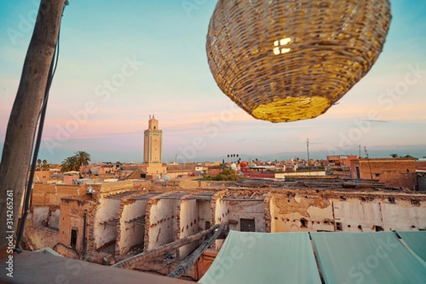 Fototapeta View of Marrakesh Old Town from the roof top terrace. Marrakech Medina, Morocco, Africa.