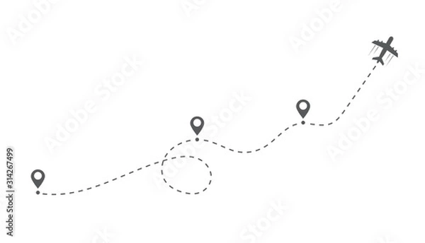 Fototapeta Airplane flight route. Flight tourism route path. Starting pin to destination point. Travel symbol. Vector illustration