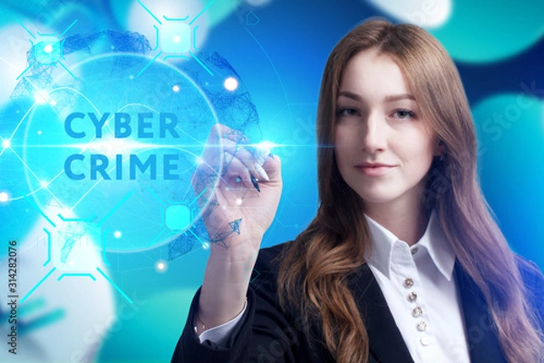 Fototapeta Business, Technology, Internet and network concept. Young businessman working on a virtual screen of the future and sees the inscription: Cyber crime
