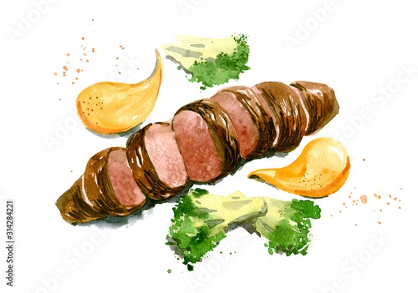 Obraz Fried meat, sliced, with yellow sauce and broccoli. Hand drawn watercolor illustration isolated on white background