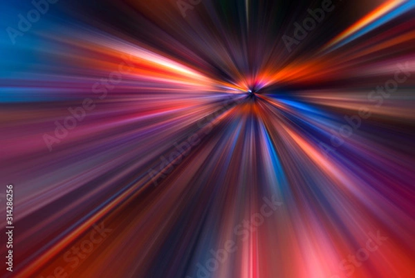 Fototapeta Abstract big data, speed, colorful fibers, rays background in orange and red color. 3D Illustration