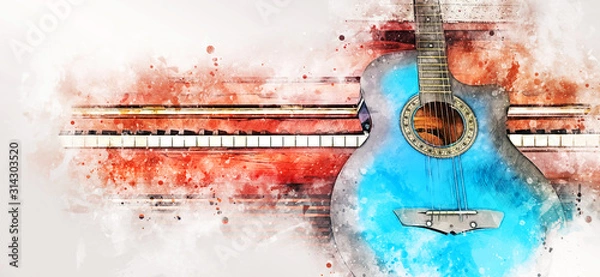 Fototapeta Streszczenie kolorowy gitara i klawiatura fortepianu na tle akwarela ilustracja malarstwo.