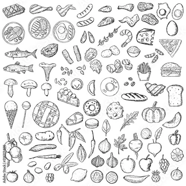 Fototapeta Big hand-drawn set of food. Isolated objects on a white background.