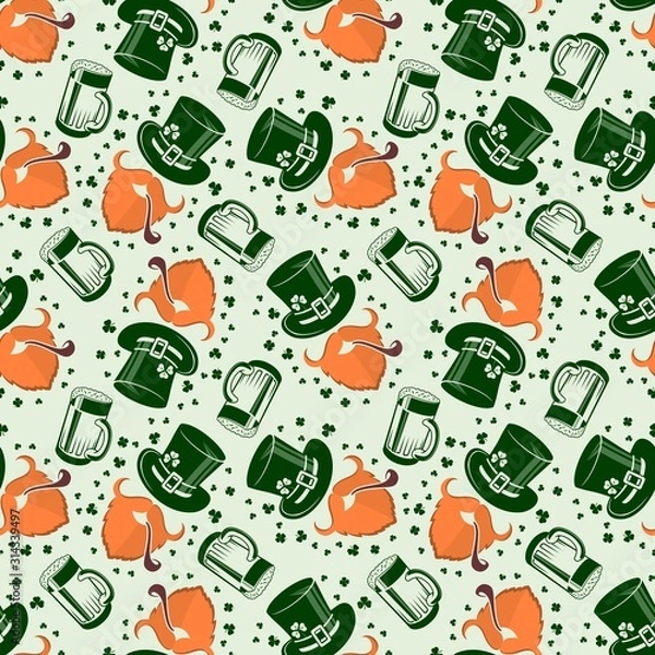 Fototapeta St. Patrick's day background with Beer mugs and Leprechaun. Seamless pattern. Vector illustration.