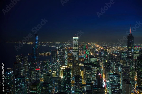 Fototapeta Aerial view of downtown Chicago at Christmas