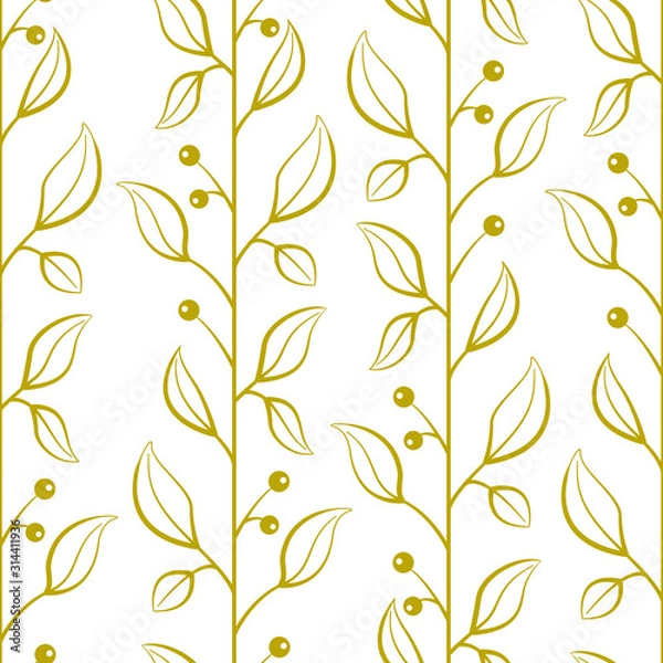 Fototapeta Abstract floral seamless pattern with vertical golden branches, leaves and berries on white background; floral design for fabric, wallpaper, textile, web design.