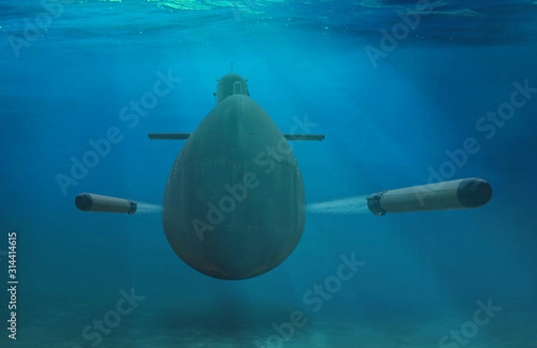 Fototapeta Okręt podwodny marynarki wojennej strzela torpedami pod wodą