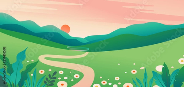 Fototapeta Vector illustration in flat simple style  with copy space for text - summer landscape with natural scene - gradient hills - abstract background or wallpaper for banner, greeting card, wallpaper