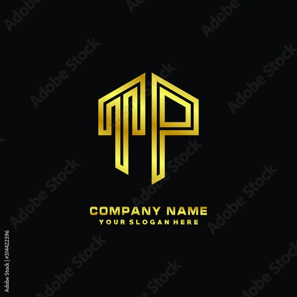 Fototapeta Initial letter TP, minimalist line art monogram hexagon logo, gold color