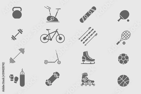Fototapeta Sport and fitness Icons set - Vector solid silhouettes of bicycle, ball, ski, snowboard, skates, scooter, skateboard and etc. for the site or interface