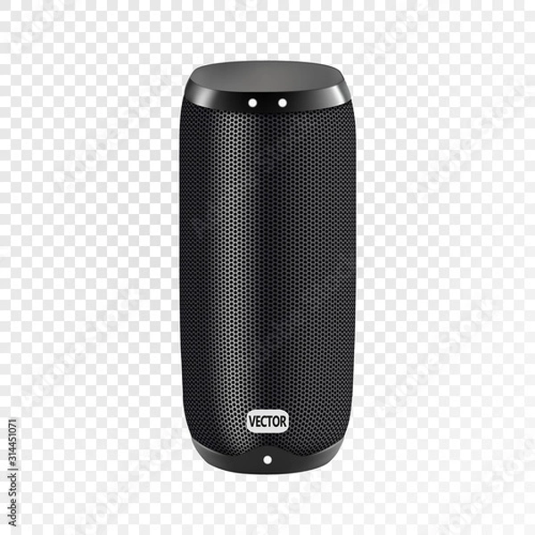 Fototapeta Vector realistic illustration of black portable speaker isolated on transparent background. Wireless audio device, smart electronic gadget for connection with smartphone to listen music