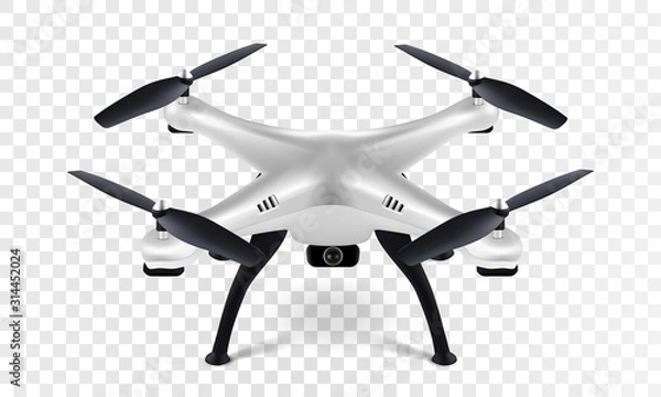 Fototapeta Realistic 3D white drone quadcopter quadrocopter on transparent background. Vector eps10.