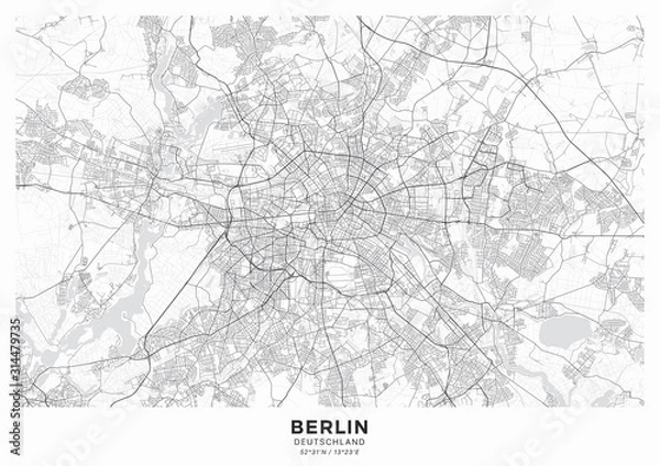 Obraz Plakat mapa miasta Berlin. Szczegółowa mapa Berlina (Niemcy). System komunikacyjny miasta. Obejmuje odpowiednio pogrupowane funkcje mapy (obiekty wodne, linie kolejowe, drogi itp.).