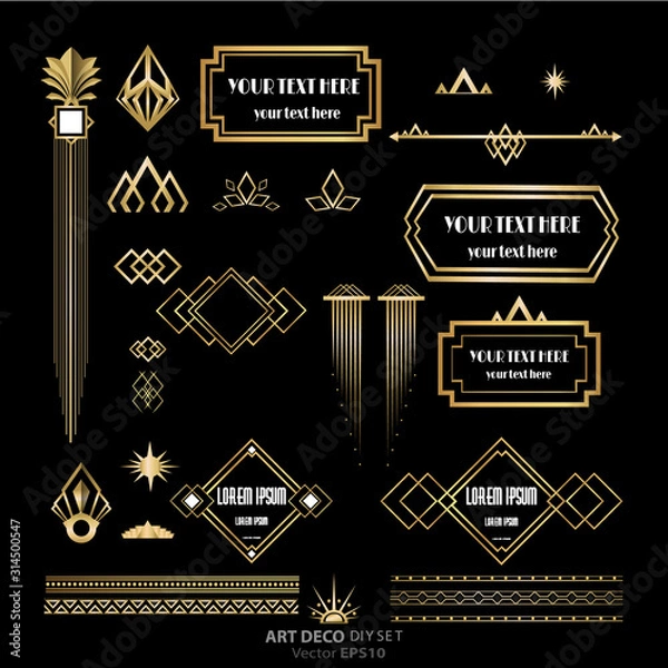 Fototapeta Set of Art Deco / Art Nuvo labels and frames and objects golden black