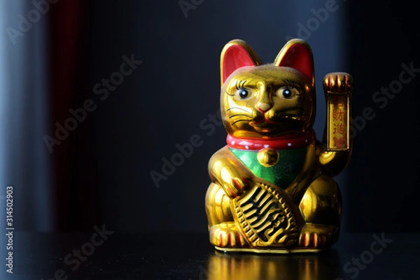 Fototapeta Golden Maneki Neko, the Lucky Cat, covered with dust. The concept of time and expectation of good luck