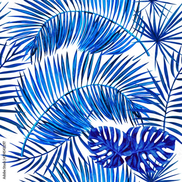 Fototapeta Palm leaves and monstera watercolor seamless pattern.