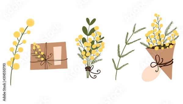 Fototapeta Digital flat illustration of a cute simple set of holiday mimosa flowers from geometric shapes. Print for banners, web, cards, invitation cards, posters, fabrics, wrapping paper and boxes.