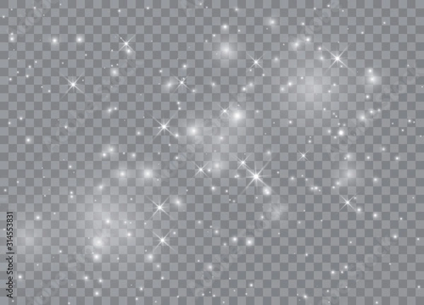 Fototapeta Light glow effect stars. Vector sparkles on transparent background. Christmas abstract pattern. Sparkling magic dust particles.