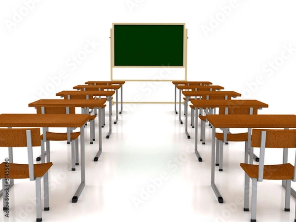 Obraz Audience with desks over white background