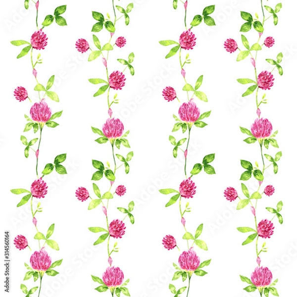 Fototapeta Watercolor seamless pattern of wildflowers, clover on a white background. delicate pink and yellow pattern, handmade. summer and spring flowers. Ideal for printing onto fabrics, for kitchen utensils.