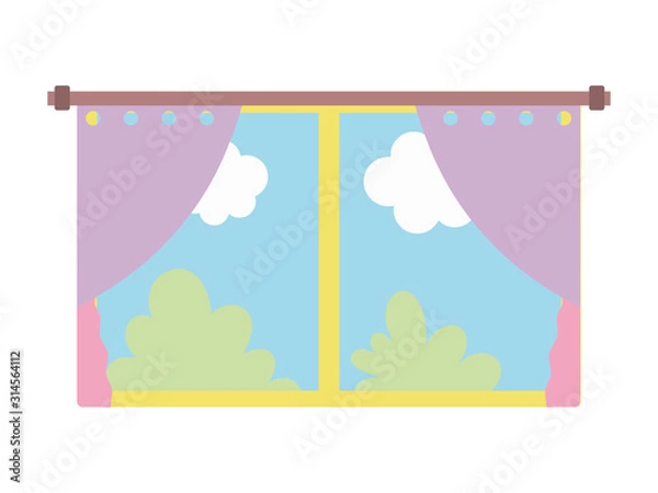 Obraz window curtains bushes nature sky clouds on white background