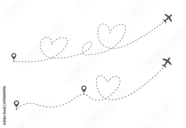 Fototapeta Airplane flight route. Flight tourism route path. Starting pin to destination point. Travel symbol. Vector illustration
