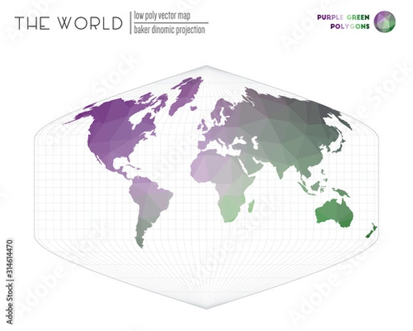 Fototapeta Vector map of the world. Baker Dinomic projection of the world. Purple and Green colored polygons. Beautiful vector illustration.