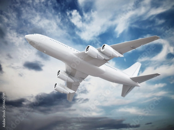 Obraz Airplane in the cloudy sky. 3D illustration
