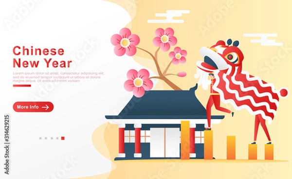 Fototapeta Vector illustration chinese new year. 2 men play and dance in a lion dance in front of the temple under the blooming flower, sunny weather. for homepage, UI UX, header, flyer, apps. Flat cartoon style