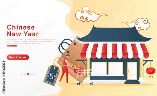 Fototapeta Vector illustration chinese new year. Men with happily go to the Chinese temple theme store for shopping. cloud concept, bag with a discount label. for homepage, UI UX, header, app. Flat cartoon style