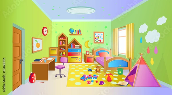 Obraz Cozy children's room with toys. Vector illustration in cartoon style.