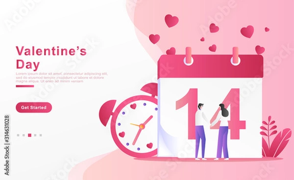 Fototapeta Vector illustration valentine. happy lovers holding hands in front of the February 14 calendar, alarm clock, and love heart shaped clouds, plants. for banner, ads, landing page, ux. Flat cartoon style