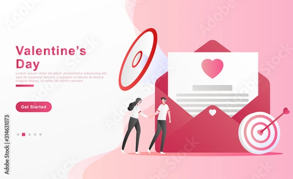 Fototapeta Vector illustration valentine. a happy couple holding hands while running wants to show a message of love. with loudspeakers and arrows on target. for banner, ads, app, landing page. Flat cartoon